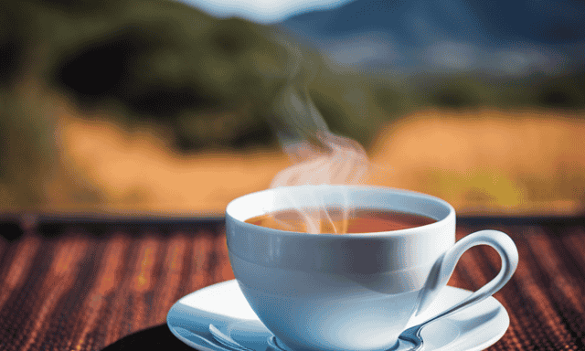 An image capturing the warm, amber hues of a steaming cup of rooibos tea