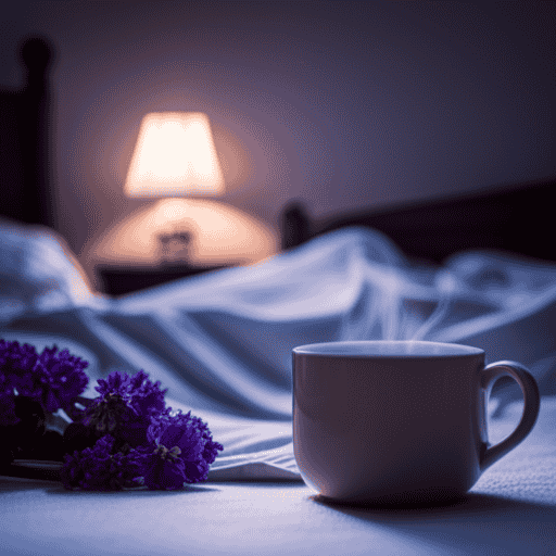 An image showcasing a serene moonlit scene, featuring a cozy bedroom with a bedside table adorned with a steaming cup of Sleepytime Herbal Tea