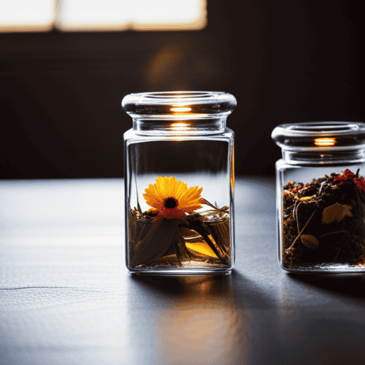 An image showcasing a vibrant assortment of loose herbal teas, arranged in delicate glass jars