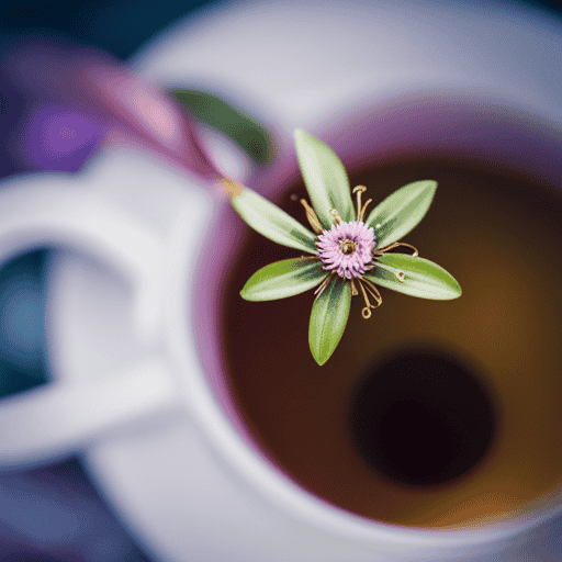 An image showcasing a vibrant, delicate Passionflower blossom gently floating in a teacup, surrounded by steam