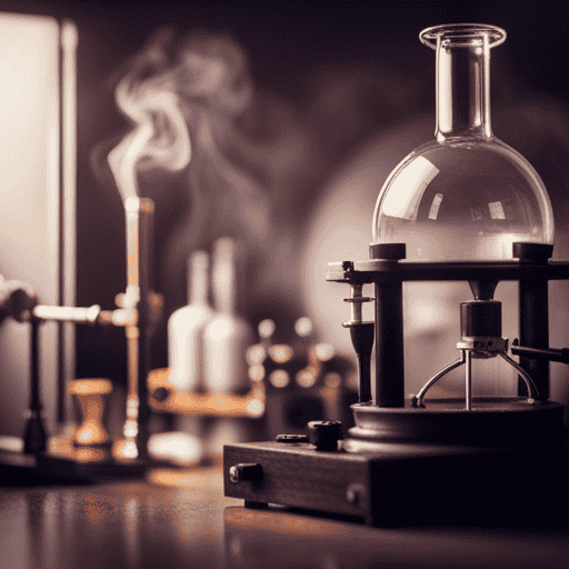 An image depicting a vintage laboratory scene with glass beakers, boiling flasks, and a steaming apparatus, showcasing the intricate process of crafting Postum, revealing its mysterious ingredients