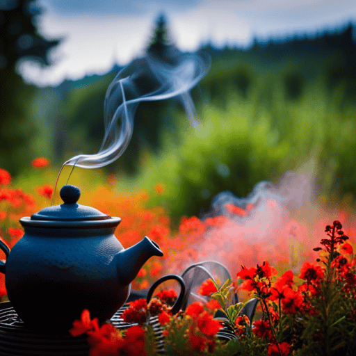 An image capturing the ancient origins of herbal tea, featuring a delicate clay pot perched on glowing embers, surrounded by vibrant wildflowers, as wisps of aromatic steam intertwine with the tranquil forest backdrop