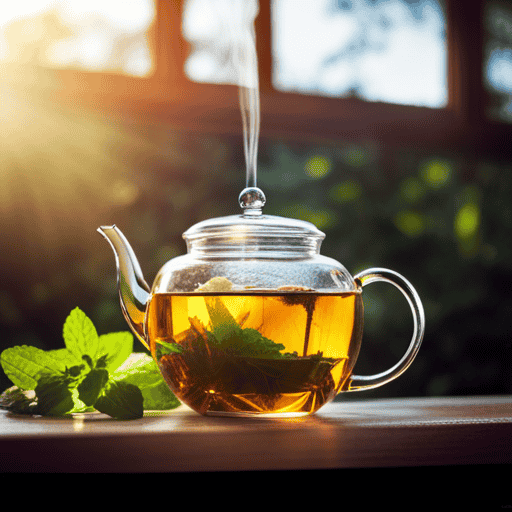 an image capturing the essence of brewing herbal tea: a serene scene showcasing a teapot gently pouring steaming water into a delicate, transparent glass, with vibrant herbs gracefully floating, as aromatic steam rises to meet the sunlight