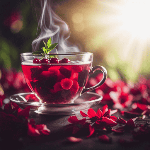 An image featuring a vibrant, close-up view of a steaming teacup filled with Celestial Seasonings Cranberry Cove Herbal Tea