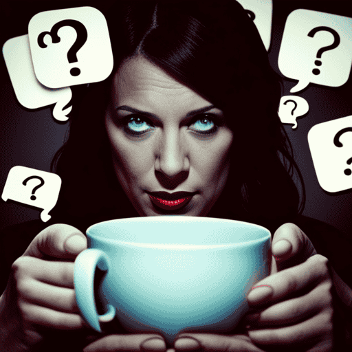 An image of a pregnant woman holding a cup of non-herbal tea, with a concerned expression on her face