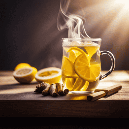 An image of a cozy, steaming mug of lemon and ginger herbal tea, surrounded by vibrant yellow lemon slices and fresh ginger roots