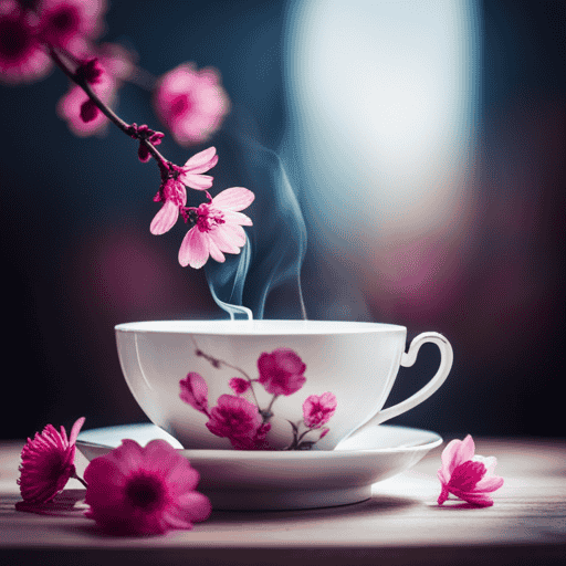 An image featuring a delicate porcelain teacup filled with a vibrant brew of flower tea, adorned with blooming petals