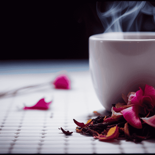 An image showcasing a steaming cup of Chinese herbal tea, filled with delicate dried rose petals, chamomile blossoms, licorice root, and slices of fresh ginger, symbolizing the remedies for alleviating constrained Qi