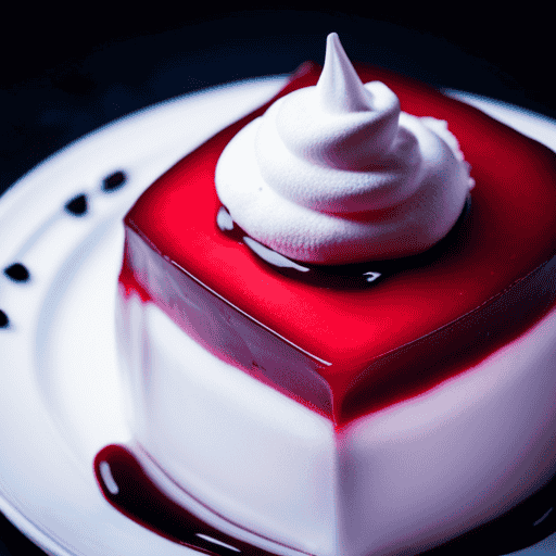 An image showcasing a vibrant Jell-O' Postum dessert: A translucent, ruby-red gelatin mold crowned with freshly whipped cream, adorned with plump crimson berries, and delicately drizzled with a glossy chocolate sauce