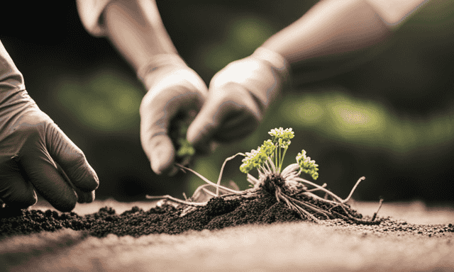 An image capturing the essence of chicory root harvesting: a pair of gloved hands gently uprooting a mature chicory plant, revealing its sturdy, carrot-like root covered in rich, moist soil