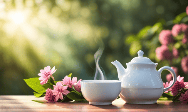 An image showcasing a serene, sun-kissed garden with a rustic wooden table adorned with a delicate porcelain teapot and two cups