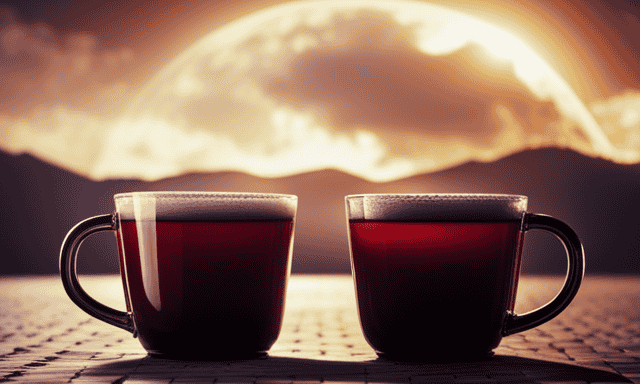 An image showcasing two identical mugs, one filled with brewed Rooibos and the other with tea, both brimming with rich, dark liquids