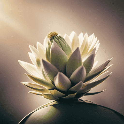 An image capturing the serene ambiance of a blooming artichoke flower, elegantly poised in a delicate tea cup