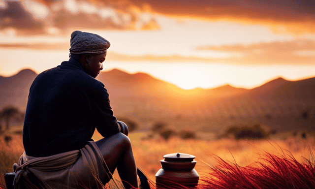 An image depicting a serene African landscape at sunset, with a native farmer gently harvesting vibrant red rooibos leaves