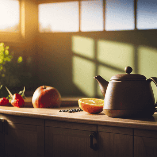 An image showcasing a serene morning scene—a sunlit kitchen with a steaming cup of diabetes herbal tea placed beside a plate of freshly cut fruits, emphasizing a sense of balance and healthful choices
