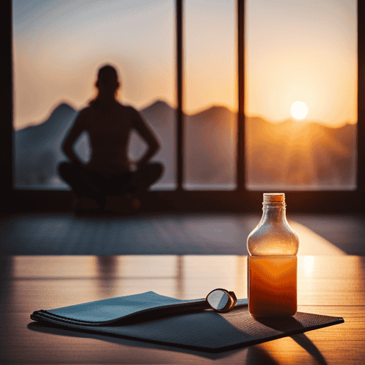 An image showcasing a serene morning scene with a cup of Herbalife Herbal Tea Concentrate and a bottle of Aloe, positioned near a yoga mat and a sunrise-lit window, evoking a sense of starting the day with vitality and balance