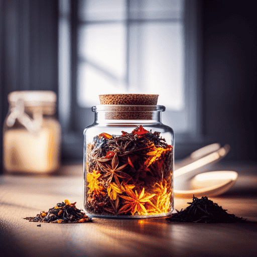 An image that showcases a collection of dried herbal tea leaves in various vibrant hues, carefully stored in an airtight glass jar, with sunlight gently streaming in through a nearby window