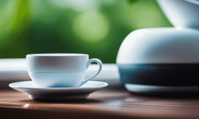 An image showcasing a serene morning scene with a delicate porcelain teacup filled with warm, amber-colored Oolong tea, surrounded by a lush green tea plantation, basking in the gentle rays of sunrise