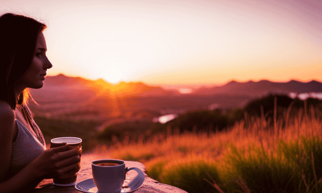 An image capturing the warm glow of a sunset casting vibrant hues of orange and pink across a serene landscape, where a person peacefully sips a cup of Rooibos tea, showcasing the perfect moment to indulge in its calming flavors