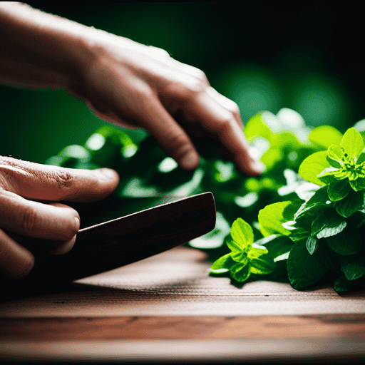 An image showcasing a wooden cutting board with vibrant, freshly picked herbs scattered around it