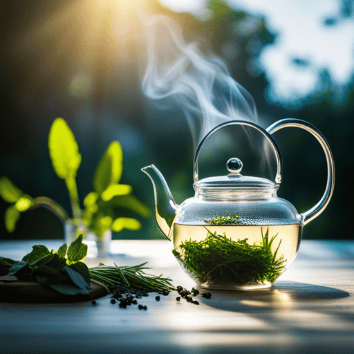 An image showcasing a serene scene of a delicate porcelain teapot pouring a steamy infusion of vibrant green herbs into a translucent glass cup, while dappled sunlight filters through a nearby window
