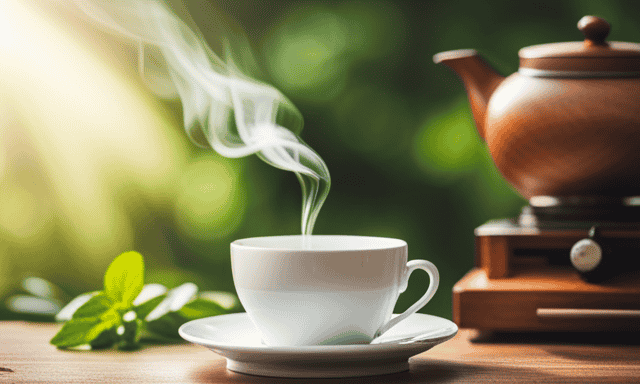 An image showcasing a serene morning scene with a warm cup of rooibos tea, steaming gently in the soft sunlight, surrounded by lush greenery and a delicate teacup, evoking a sense of calm and tranquility