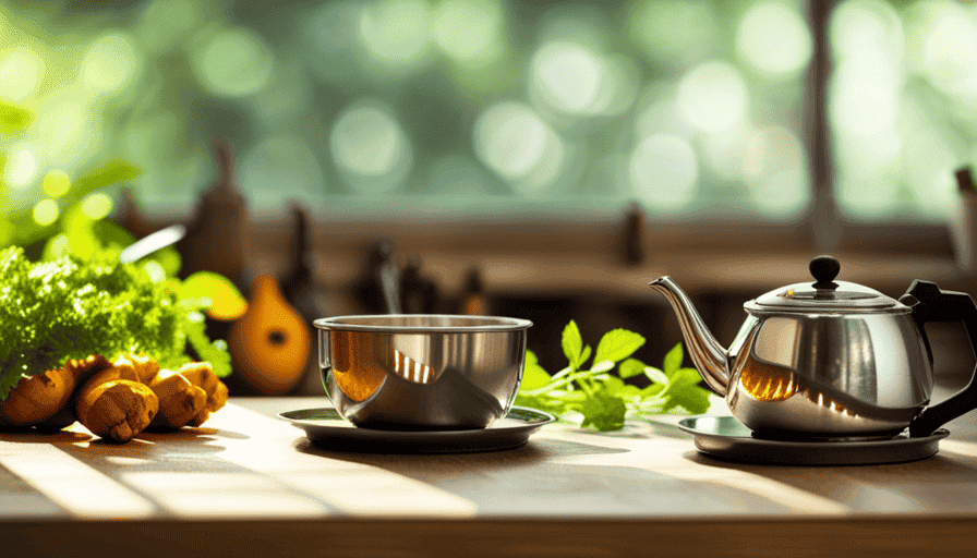 An image of a serene morning scene with a sunlit kitchen, where a steaming cup of golden turmeric tea is placed on a wooden table, surrounded by fresh herbs, a tape measure, and a scale