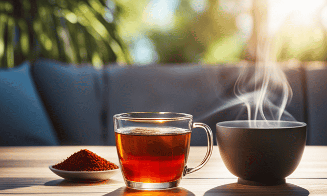 An image featuring a serene setting with a cozy armchair bathed in warm sunlight, accompanied by a steaming cup of rooibos tea on a wooden table