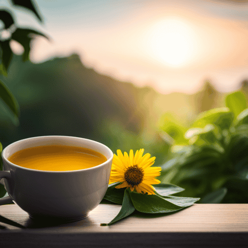 An image showcasing a serene morning scene with a steaming cup of golden turmeric tea and a rising sun, surrounded by lush greenery and dew-kissed flowers