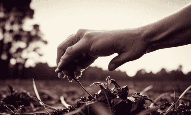 an image of a pair of hands gently pulling up a mature chicory plant from the earth, revealing the long, slender, and robust root covered in rich brown soil, ready to be harvested for coffee