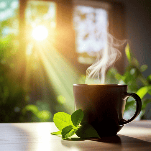 E of a serene morning scene featuring a steaming cup of detox herbal green tea placed on a wooden table, surrounded by fresh green leaves and vibrant flowers, as sunlight filters through a nearby window