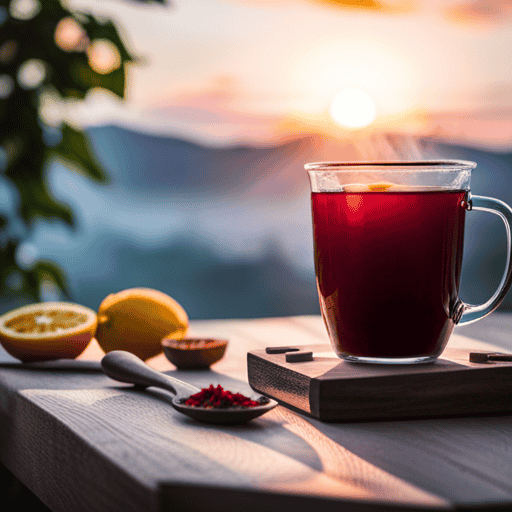 An image showcasing a serene morning scene, with a steamy cup of Yogi Detox Tea placed on a wooden tray, surrounded by fresh fruits, aromatic herbs, and a soft sunrise glow filtering through a window