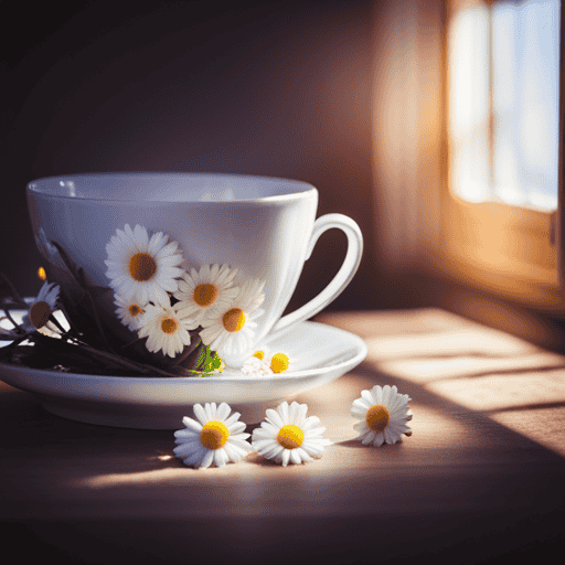 An image featuring a delicate porcelain teacup filled with steaming herbal tea, adorned with vibrant chamomile flowers