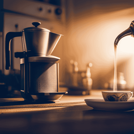 An image that showcases a cozy corner of a retro-inspired kitchen, featuring a vintage coffee pot gently pouring a steaming cup of Postum into a delicate porcelain mug, surrounded by nostalgic memorabilia