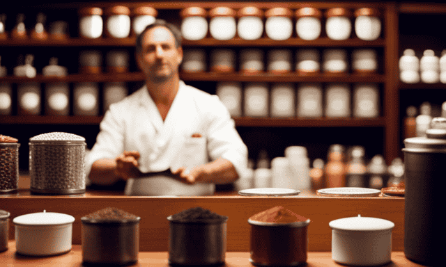 An image showcasing a serene tea shop with warm, earthy tones, shelves adorned with neatly organized tins of vibrant red Rooibos tea, and a helpful shopkeeper assisting customers in selecting their favorite blends