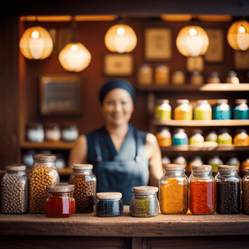 An image of a quaint, rustic tea shop nestled in a vibrant marketplace