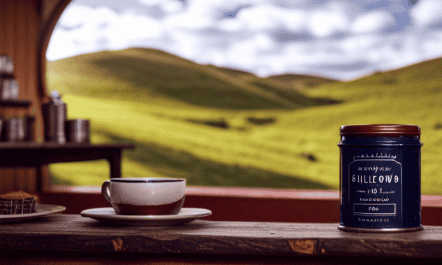 An image showcasing a cozy, rustic teashop nestled amidst rolling hills, with shelves adorned with vibrant tins of Rooibos tea, inviting visitors to explore and discover the delightful brew
