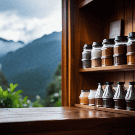 An image showcasing a serene tea shop nestled amidst lush green mountains