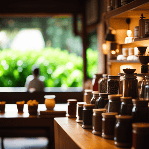 An image showcasing a serene, rustic scene of a cozy herbal tea shop nestled amidst a lush, aromatic tea garden