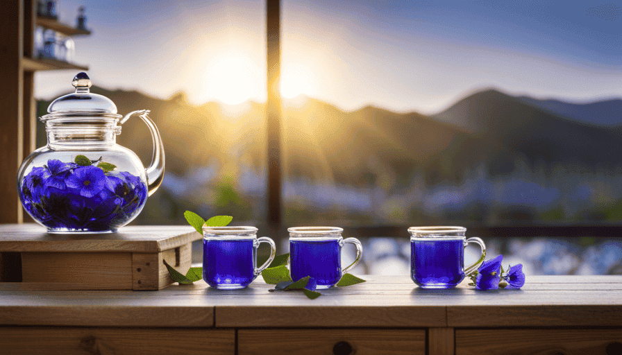 An image capturing the vibrant blue hues of Butterfly Pea Flower Tea, showcasing a quaint teashop nestled amidst a lush garden