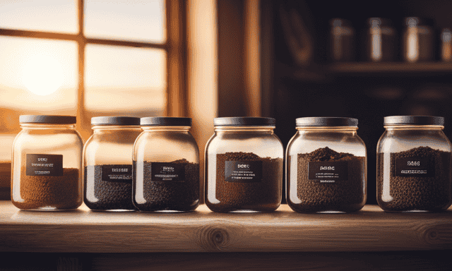 An image showcasing a charming wooden shelf adorned with neatly labeled glass jars, each filled with rich, earthy-toned chicory root powder