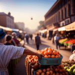 An image showcasing a quaint farmers market, with rows of vibrant stalls adorned with baskets overflowing with fresh chicory roots