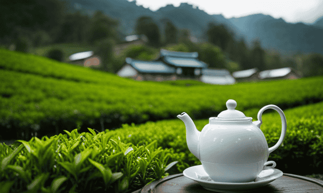 An image featuring a serene tea garden, with rows of lush oolong tea plants