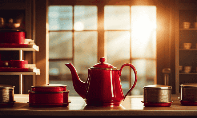 An image showcasing a quaint, cozy tea shop with shelves lined with intricate tins of Earl Grey Rooibos tea, displaying vibrant hues of red and gold