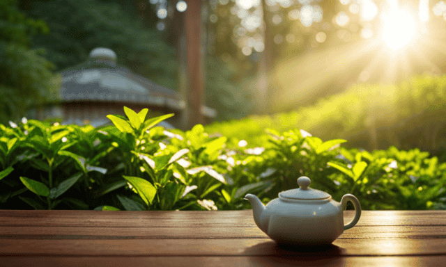 An image showcasing a serene tea garden, where sunlight filters through lush green tea leaves