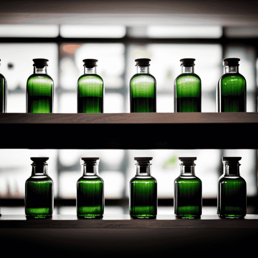 An image showcasing a serene spa-like setting with shelves adorned with rows of elegant bottles, where a hand gracefully reaches for a refreshing Herbal Essences Green Tea and Cucumber Foam Conditioner