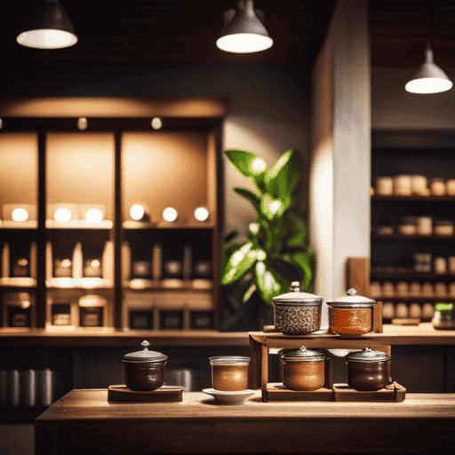 An image showcasing a serene herbal tea shop nestled amidst lush greenery, with colorful canisters of loose tea leaves neatly displayed on rustic wooden shelves, inviting customers to explore and indulge their senses