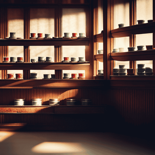 An image of a cozy, rustic tea shop with shelves lined with colorful glass jars filled with loose herbal tea