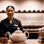 An image showcasing a serene tea shop with shelves adorned with various loose leaf decaffeinated oolong teas