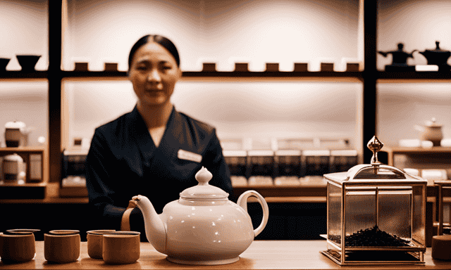 An image showcasing a serene tea shop with shelves adorned with various loose leaf decaffeinated oolong teas